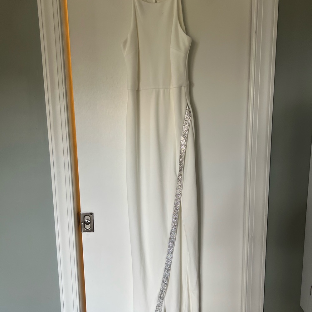 BCX White Halter Gown with Slit for Weddings - Picture 2 of 5